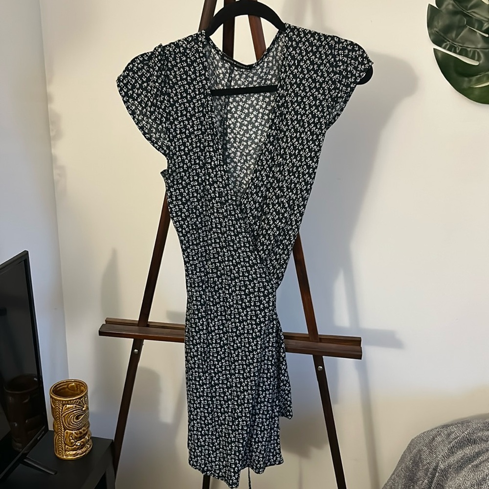 Brandy Melville navy and white floral crossover dress